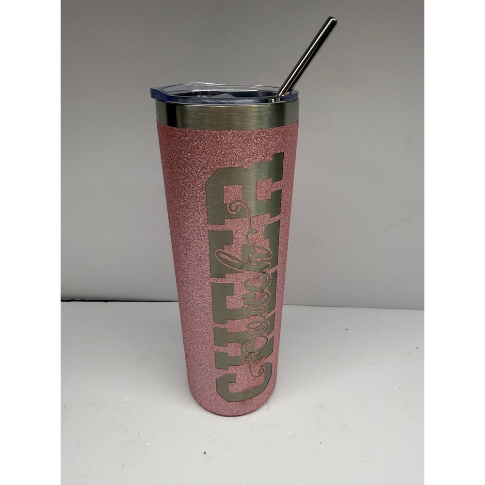 Onebttl Pink Glitter Cheer Coach Stainless Steel Skinny Tumbler with Metal Straw